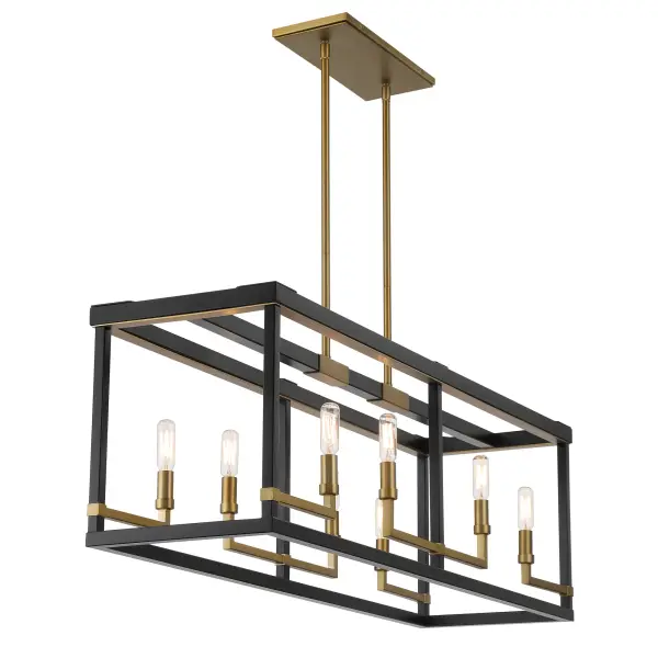 The Union Estates 8-Light Island Chandelier combines modern sophistication with industrial charm. Its 40-inch linear design in coal black with soft brass accents creates dramatic visual impact over kitchen islands and dining tables. - alternate view