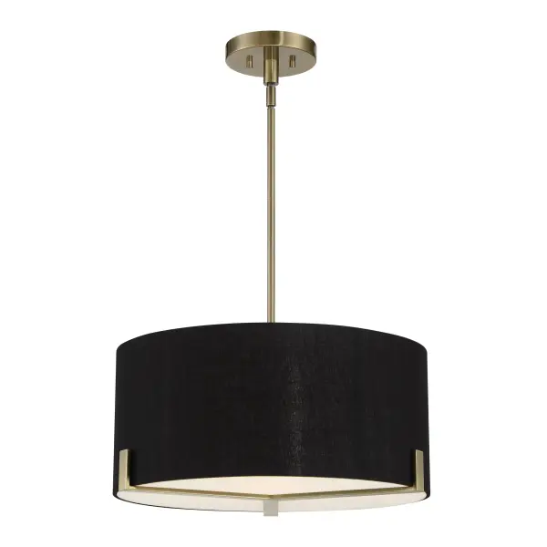 The Westboro Boulevard pendant combines weathered antique brass with a refined black linen shade for versatile elegance. Its 20-inch diameter and etched glass diffuser provide soft, ambient lighting perfect for dining and living spaces. - alternate view