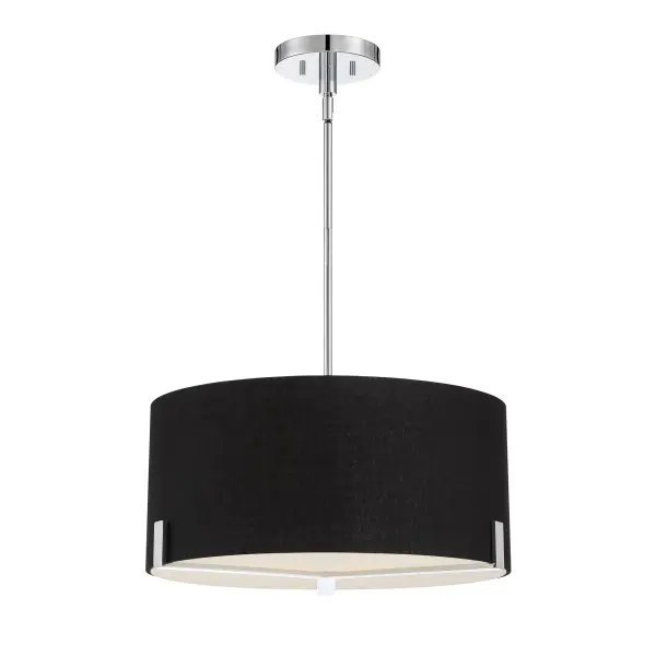 The Westboro Boulevard pendant combines polished chrome hardware with a refined black linen drum shade and etched glass diffuser. At 20 inches wide, it provides focused illumination perfect for dining areas and kitchen islands.