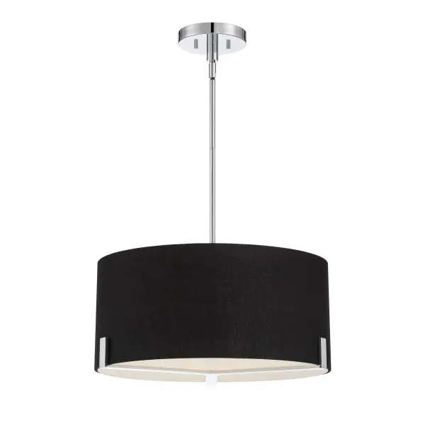 The Westboro Boulevard pendant combines polished chrome hardware with a refined black linen drum shade and etched glass diffuser. At 20 inches wide, it provides focused illumination perfect for dining areas and kitchen islands. - alternate view