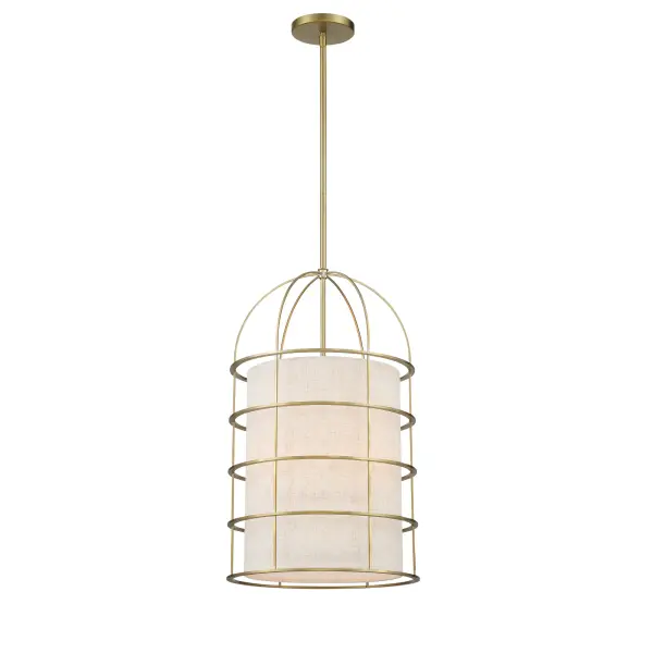 The Gateway Park pendant combines soft brass metalwork with an oatmeal fabric shade for warm, diffused lighting. Its 14-inch width makes it perfect for smaller dining areas, kitchen islands, or intimate spaces needing refined illumination.