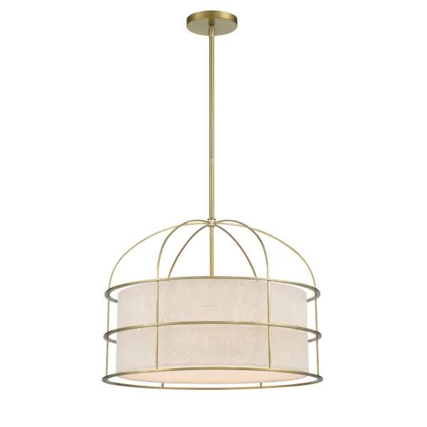 The Gateway Park 5-Light offers exceptional flexibility with its convertible design, allowing use as either a pendant or semi-flush mount. The soft brass finish and oatmeal fabric shade create warm, inviting illumination perfect for dining spaces.