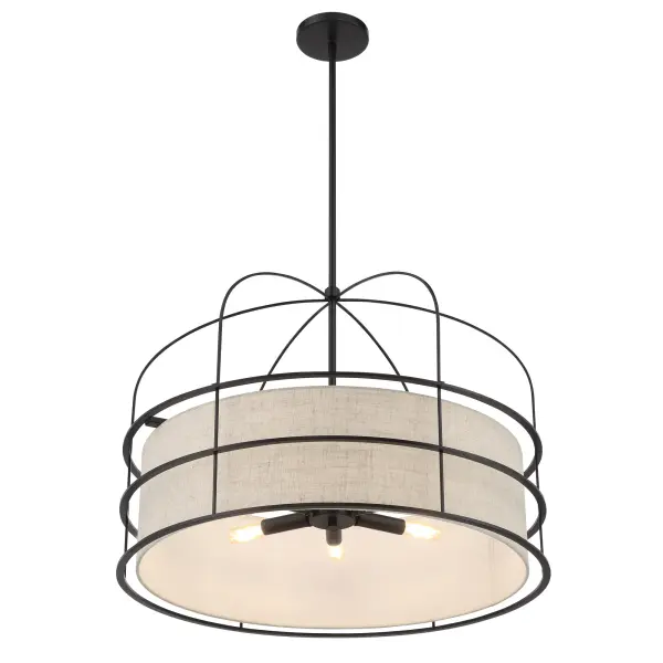 The Gateway Park pendant combines industrial coal black steel with soft oatmeal linen shades, creating a sophisticated focal point. Six candelabra bulbs provide ample illumination while the fabric shades diffuse light beautifully. - alternate view