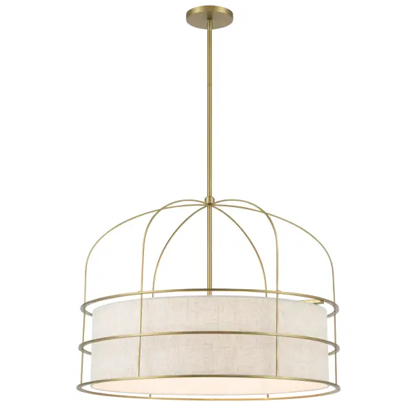 The Gateway Park pendant combines soft brass metalwork with an oatmeal linen shade for refined illumination. Its 26-inch width and 6-light configuration provide excellent coverage for dining areas and kitchen islands.