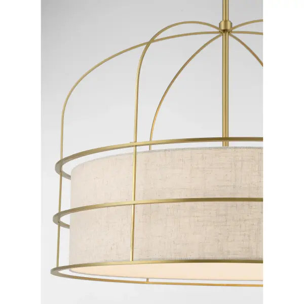 The Gateway Park pendant combines soft brass metalwork with an oatmeal linen shade for refined illumination. Its 26-inch width and 6-light configuration provide excellent coverage for dining areas and kitchen islands. - alternate view