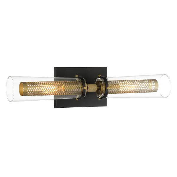 The Emmerham wall sconce combines coal black steel with soft brass accents and clear glass shades for a sophisticated modern look. Its 20-inch width makes it ideal for bathroom vanities and hallways.