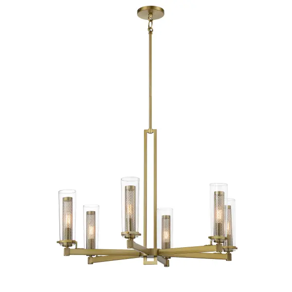 The Emmerham chandelier combines timeless traditional design with contemporary soft brass finish. Six candelabra lights provide warm, dimmable illumination through clear glass shades, perfect for formal dining or grand entryways.