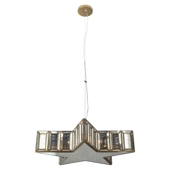 The Lone Star 5-Light Pendant combines warm artisan brass with distinctive mercury pane glass for a sophisticated transitional look. Its linear design and substantial 28-inch width make it perfect for dining rooms and kitchen islands.
