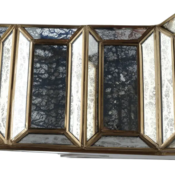 The Lone Star 5-Light Pendant combines warm artisan brass with distinctive mercury pane glass for a sophisticated transitional look. Its linear design and substantial 28-inch width make it perfect for dining rooms and kitchen islands. - alternate view