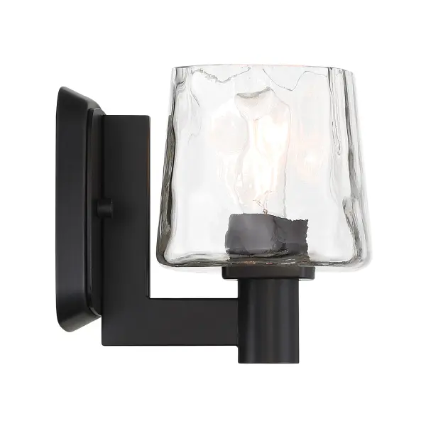 The Drysdale bath vanity combines sleek coal black steel with textured hammered glass for a modern industrial aesthetic. Its compact 5.4-inch width makes it ideal for smaller bathrooms or powder rooms. - alternate view