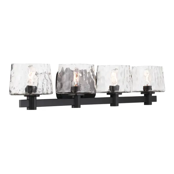 The Drysdale 4-light vanity combines industrial charm with modern sophistication. Its reversible mounting and coal black finish with hammered glass shades create dramatic visual interest while providing ample task lighting.