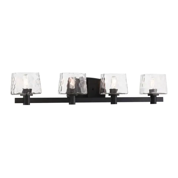 The Drysdale 4-light vanity combines industrial charm with modern sophistication. Its reversible mounting and coal black finish with hammered glass shades create dramatic visual interest while providing ample task lighting. - alternate view