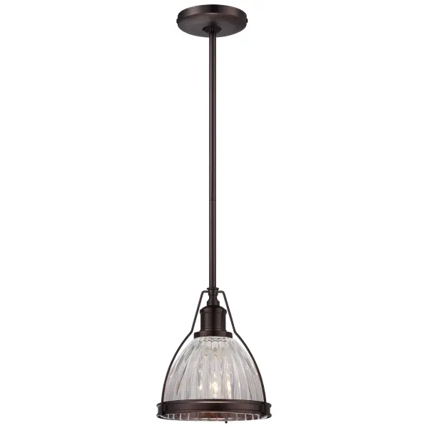 This small-scale pendant combines dark brushed bronze metalwork with ribbed clear glass for versatile transitional appeal. Perfect for multiples over islands or as accent lighting in compact spaces.