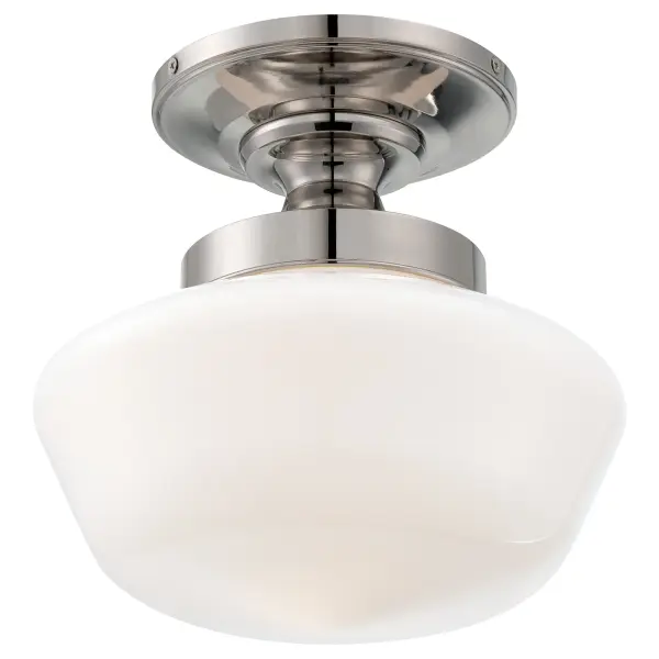 This compact semi-flush mount combines traditional schoolhouse charm with transitional versatility. The opal glass globe provides soft, diffused lighting while the polished nickel finish adds refined elegance to any space.