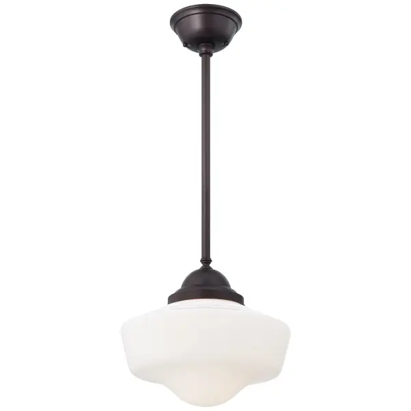 This timeless schoolhouse pendant combines traditional opal glass with a brushed bronze finish, offering versatile lighting for kitchens, hallways, and utility spaces. The 13.75-inch shade provides ample illumination while maintaining a compact footprint.