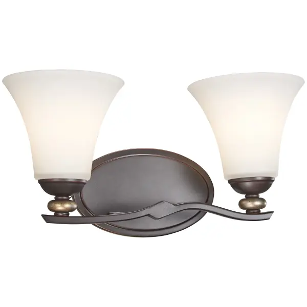 The Shadowglen 2-Light Bath brings traditional elegance to bathroom vanities with its Lathan Bronze finish enhanced by gold highlights. Etched white glass shades provide soft, even illumination perfect for grooming tasks.