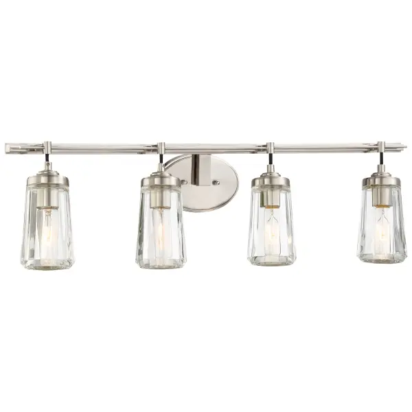 The Poleis 4-Light Bath fixture combines transitional styling with practical illumination. Its 32-inch width and clear glass shades provide excellent task lighting for medium to large vanities, while the brushed nickel finish complements a wide range of bathroom decors.