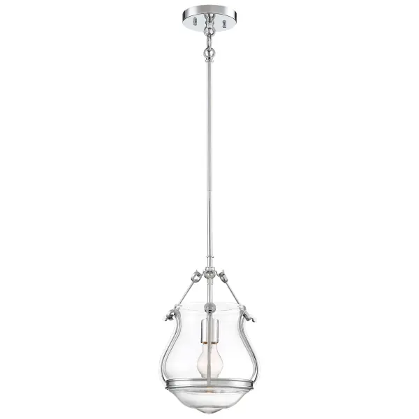 The Atrio mini pendant combines classic chrome finish with clear glass for versatile lighting. Its compact 10.25-inch diameter makes it perfect for smaller spaces or grouped installations over islands and bars.