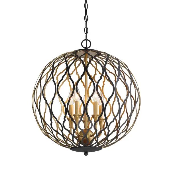 The Gilded Glam pendant combines contemporary design with glamorous metallic finishes. Five candelabra lights provide ample illumination while the sand coal and honey gold finish adds warmth and visual interest to any space. - alternate view