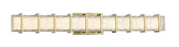 The Sevryn LED Vanity combines contemporary design with functional brilliance. Its 34.5-inch width and textured crystal glass shades deliver 3240 lumens of high-CRI light, perfect for grooming tasks. ADA compliant and dimmable.