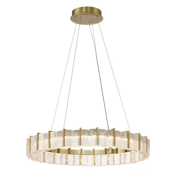 The Sevryn LED Pendant combines contemporary design with timeless elegance, featuring cast clear textured crystal glass that creates beautiful light diffusion. The soft brass finish adds warmth while the integrated LED provides energy-efficient, high-quality illumination with excellent color rendering.