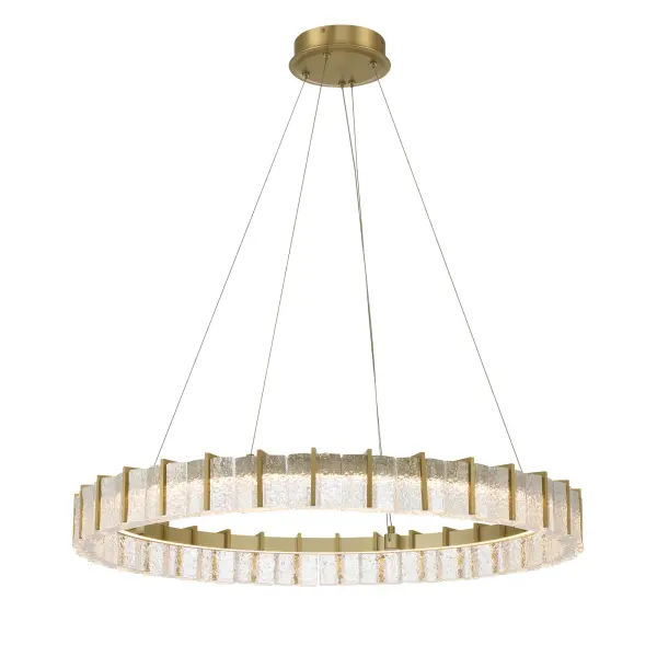 The Sevryn LED Pendant combines contemporary elegance with functional brilliance. Its 36-inch linear design features cast clear textured crystal glass set in soft brass, delivering 3240 lumens of dimmable LED light with exceptional 90 CRI color rendering.