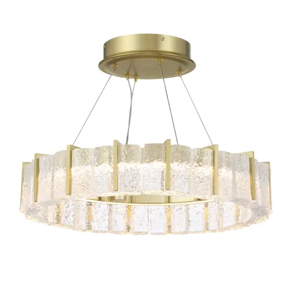 The Sevryn LED Semi-Flush combines warm Soft Brass finish with cast textured crystal glass for sophisticated ambient lighting. Convertible design offers installation flexibility with integrated LED efficiency.