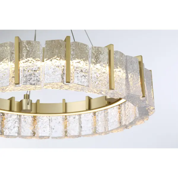 The Sevryn LED Semi-Flush combines warm Soft Brass finish with cast textured crystal glass for sophisticated ambient lighting. Convertible design offers installation flexibility with integrated LED efficiency. - alternate view