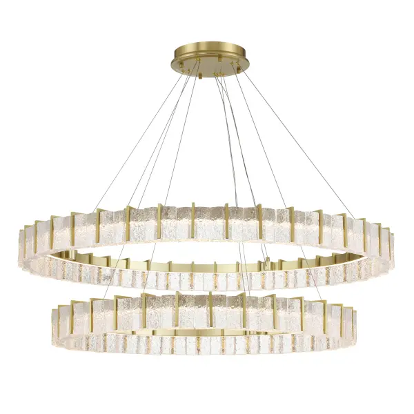 The Sevryn 44.5" LED Chandelier combines contemporary design with timeless brass warmth. Its generous linear profile and textured glass shades create sophisticated ambient lighting perfect for modern dining spaces and large kitchen islands.