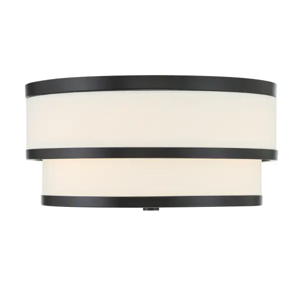 The Cascade flush mount combines contemporary coal black finish with a warm white linen shade, creating sophisticated ambient lighting perfect for low-ceiling spaces. Its compact 15-inch profile delivers style without sacrificing headroom. - alternate view