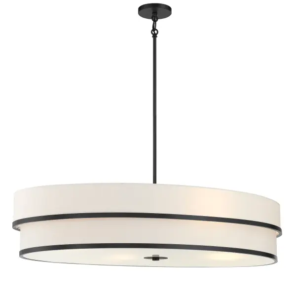 The Cascade 4-Light Pendant combines clean modern lines with warm linen shades, creating a sophisticated focal point. Its 42-inch linear design and coal black finish make it perfect for kitchen islands and dining tables.