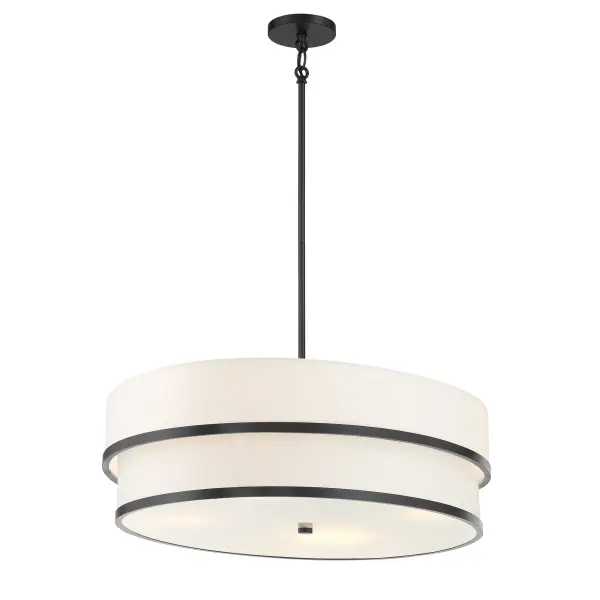The Cascade 4-Light Pendant combines clean modern lines with warm linen shades, creating a sophisticated focal point. Its 42-inch linear design and coal black finish make it perfect for kitchen islands and dining tables. - alternate view