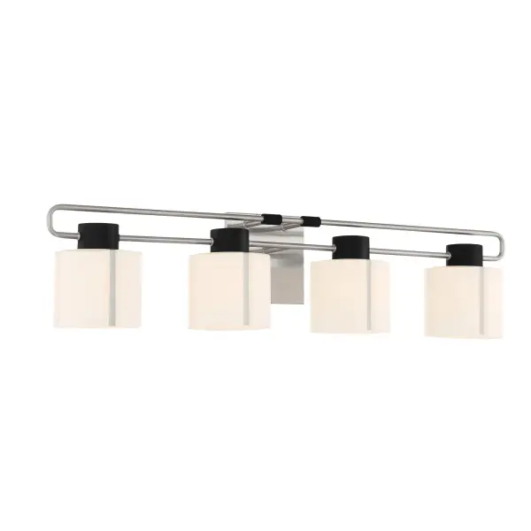 The Waverly Plaza 4-Light Bath Vanity combines modern styling with practical illumination. Its 31.75-inch width provides excellent coverage for double vanities, while etched opal glass shades deliver soft, even lighting. - alternate view