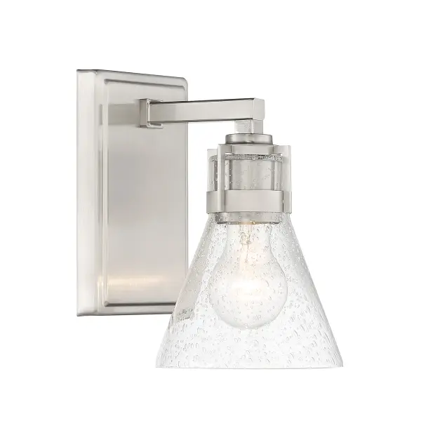The Chatham Square bath light combines modern brushed nickel finish with timeless seeded glass for a versatile vanity solution. Its compact 5.5-inch width makes it ideal for smaller bathrooms or powder rooms. - alternate view
