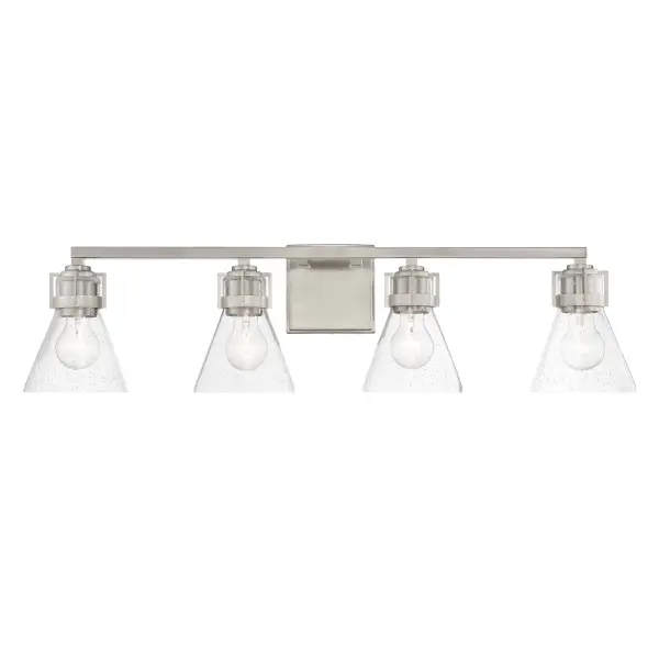 The Chatham Square 4-Light Bath Vanity combines contemporary style with practical illumination. Its 32.5-inch width provides excellent coverage for double vanities, while seeded glass shades add visual texture and diffuse light beautifully.