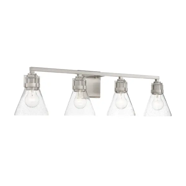 The Chatham Square 4-Light Bath Vanity combines contemporary style with practical illumination. Its 32.5-inch width provides excellent coverage for double vanities, while seeded glass shades add visual texture and diffuse light beautifully. - alternate view
