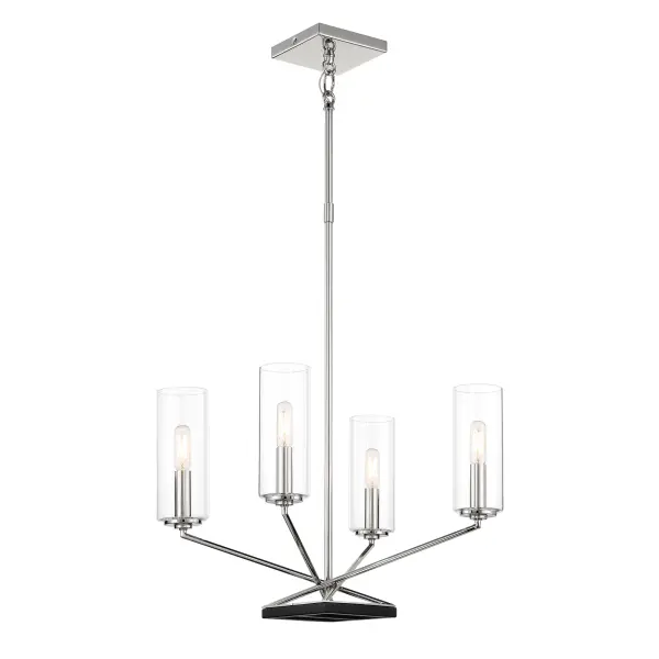 The Highland Crossing chandelier combines traditional styling with a two-tone finish for timeless appeal. Its compact 18-inch width makes it perfect for smaller dining spaces, breakfast nooks, or bedrooms while the clear glass shades provide bright, unobstructed light.