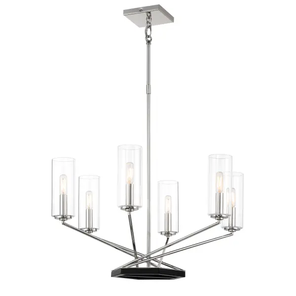 The Highland Crossing chandelier combines polished nickel with coal finish accents for a striking two-tone look. Six candelabra lights with clear glass shades provide ample illumination while the 26-inch diameter suits medium-sized spaces perfectly.