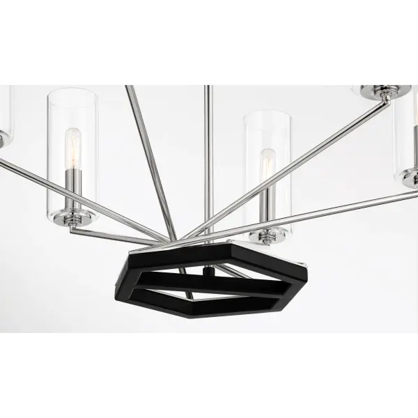 The Highland Crossing chandelier combines polished nickel with coal finish accents for a striking two-tone look. Six candelabra lights with clear glass shades provide ample illumination while the 26-inch diameter suits medium-sized spaces perfectly. - alternate view