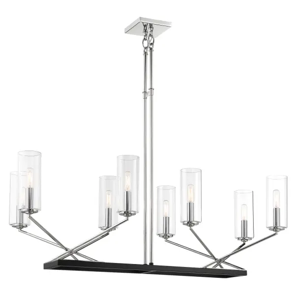 The Highland Crossing brings contemporary elegance to kitchen islands with its 8-light linear design. The polished nickel and coal two-tone finish creates visual interest, while clear glass shades provide bright, functional illumination.