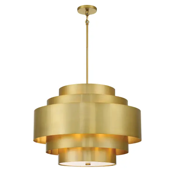 The SpyGlass Terrace pendant combines modern design with timeless appeal through its soft brass finish and frosted glass shades. At 26 inches wide, this substantial fixture provides excellent illumination while serving as a stunning focal point.