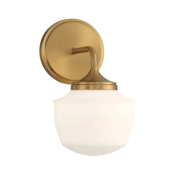 The Cornwell bath vanity combines modern simplicity with warm aged brass and soft etched opal glass. Its compact 6-inch width makes it ideal for smaller bathrooms or flanking mirrors in pairs.