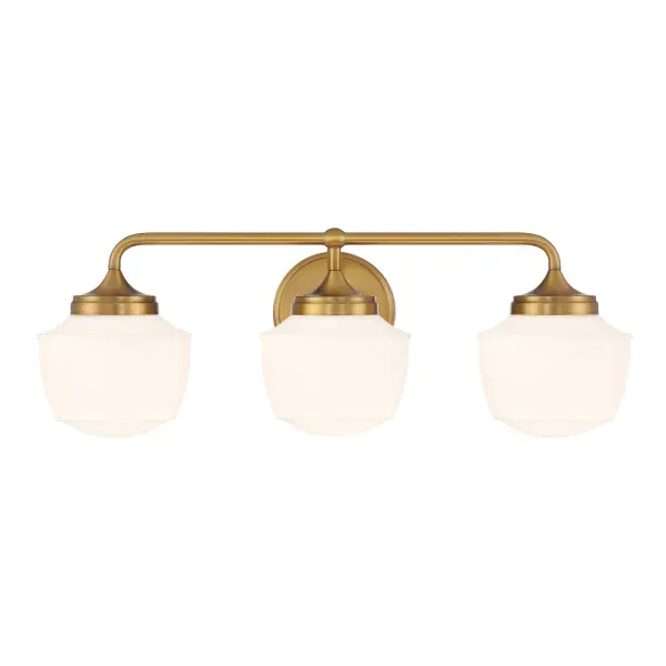 The Cornwell 3-Light Bath Vanity combines aged brass warmth with classic etched opal glass for a sophisticated bathroom lighting solution. Its reversible design offers installation flexibility while the 23-inch width suits most vanity sizes.