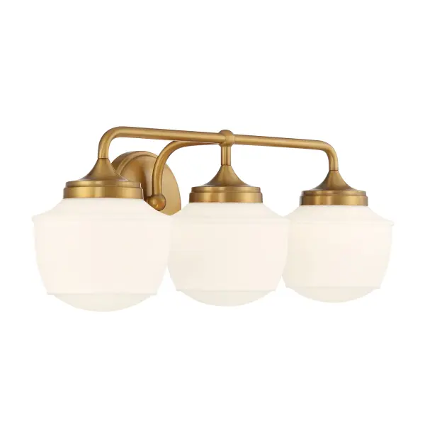 The Cornwell 3-Light Bath Vanity combines aged brass warmth with classic etched opal glass for a sophisticated bathroom lighting solution. Its reversible design offers installation flexibility while the 23-inch width suits most vanity sizes. - alternate view