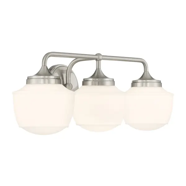 The Cornwell 3-Light Bath Vanity combines modern styling with practical functionality. Its brushed nickel finish and etched opal glass shades provide even, flattering illumination perfect for grooming tasks. - alternate view
