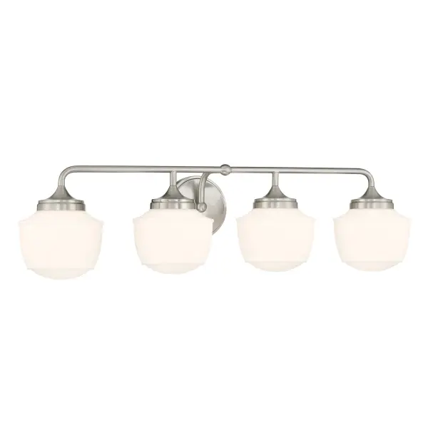The Cornwell vanity light combines contemporary styling with practical functionality. Its 32-inch width provides ample illumination for medium to large vanities, while the etched opal glass shades deliver soft, flattering light.