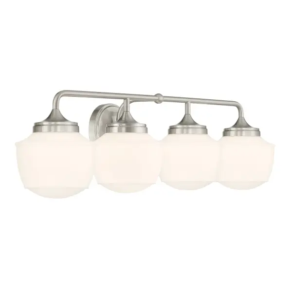 The Cornwell vanity light combines contemporary styling with practical functionality. Its 32-inch width provides ample illumination for medium to large vanities, while the etched opal glass shades deliver soft, flattering light. - alternate view