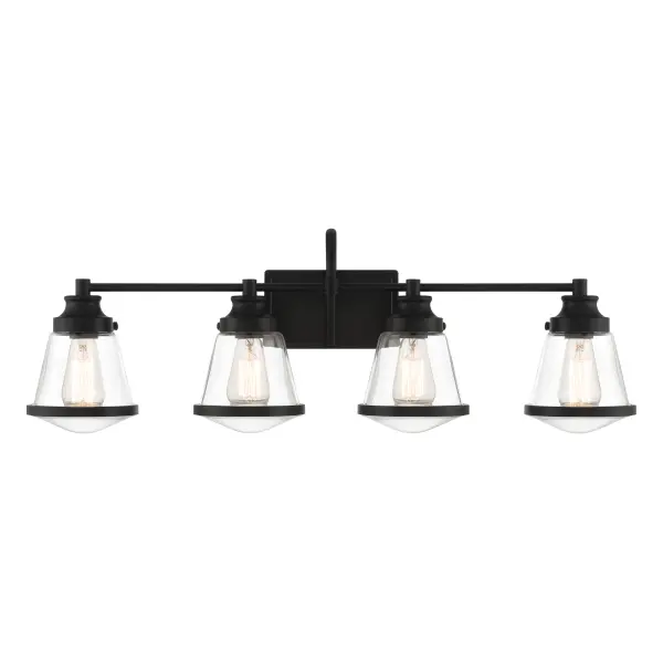 The Mannsdale 4-Light Bath Vanity combines contemporary styling with industrial charm. Its 33-inch width and Coal Black finish make a striking statement, while clear glass shades provide bright, functional lighting ideal for grooming tasks.