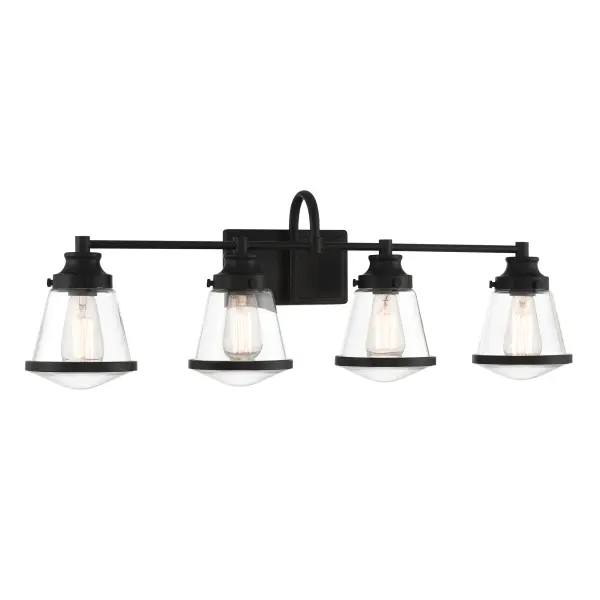 The Mannsdale 4-Light Bath Vanity combines contemporary styling with industrial charm. Its 33-inch width and Coal Black finish make a striking statement, while clear glass shades provide bright, functional lighting ideal for grooming tasks. - alternate view