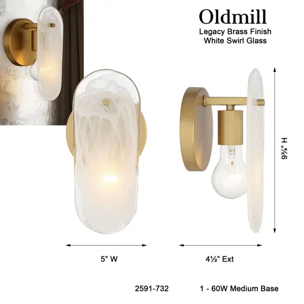 The Oldmill wall sconce combines timeless transitional design with a warm Legacy Brass finish and soft alabaster glass. Its compact 9.75" profile makes it ideal for smaller spaces while providing elegant ambient lighting. - alternate view